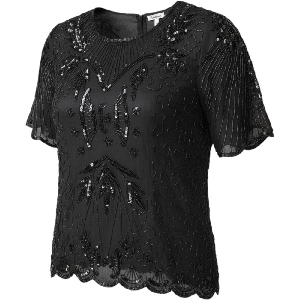 Channa Vintage Black Silk Beaded Sequin Blouse Scalloped Hem Plus 1X Evening Top